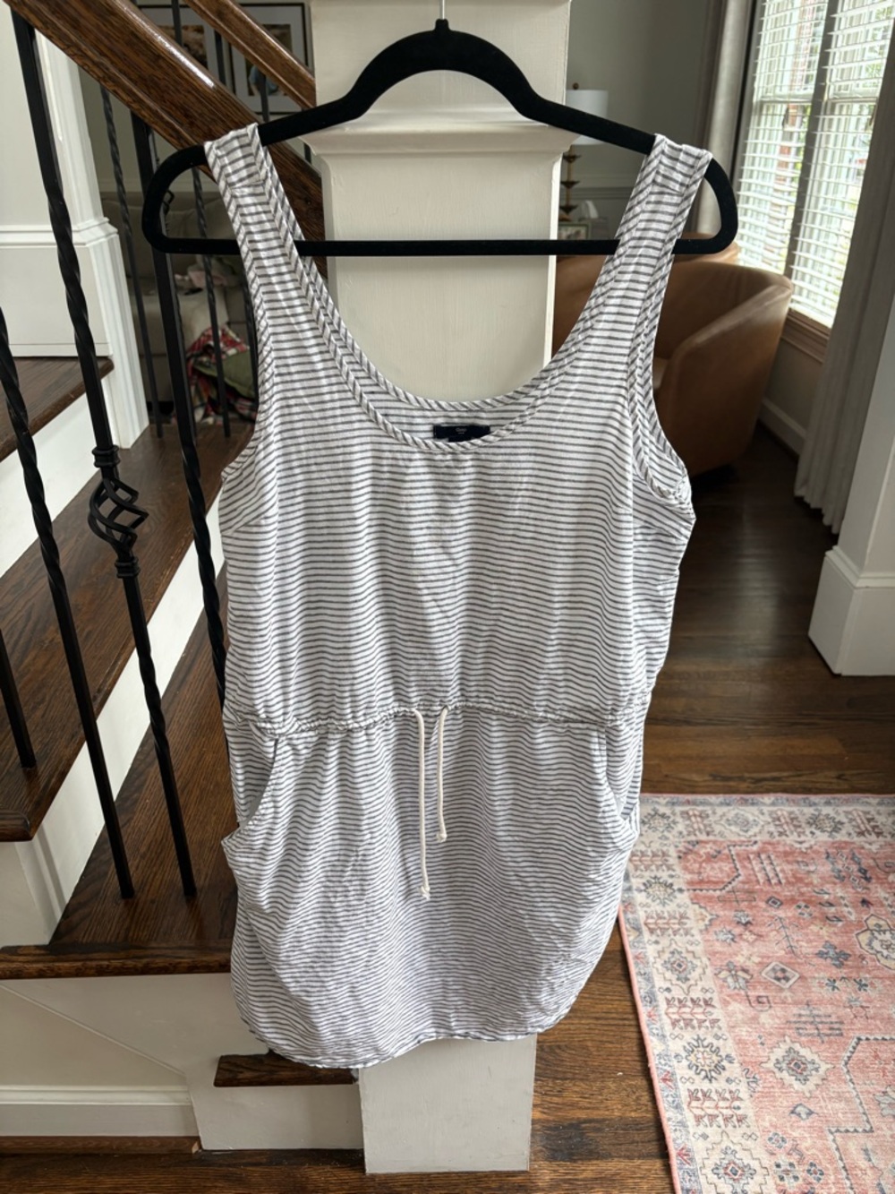 Gap Sleeveless Cotton Linen Blend Dress Black White Stripe Draw String